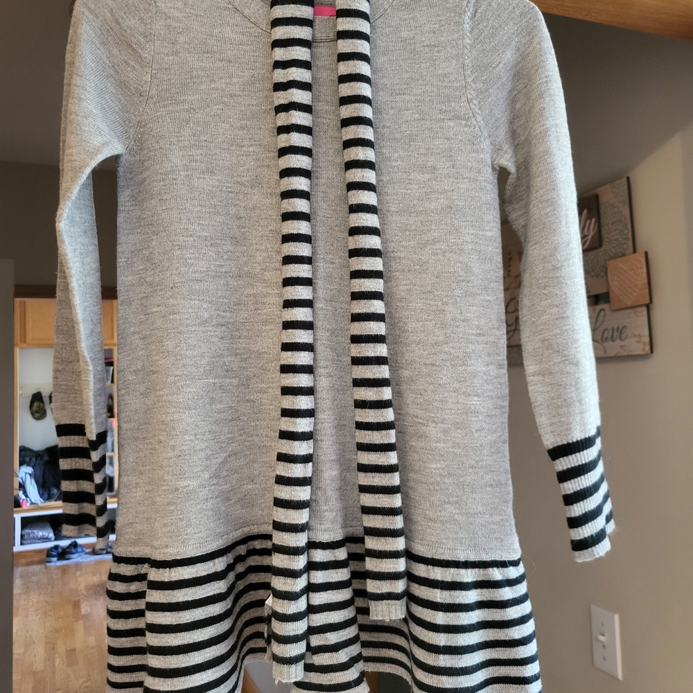 Gray and Black Striped Sweater Dress with Scarf